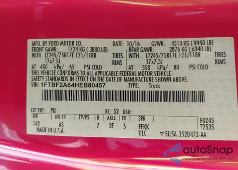 2017 Ford F-250 Xl from USA, damaged, VIN 1FTBF2A64HEB80457